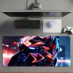 ARNA neon red glow racing bike and biker stunt inspired extended large mousepad and desk mat.