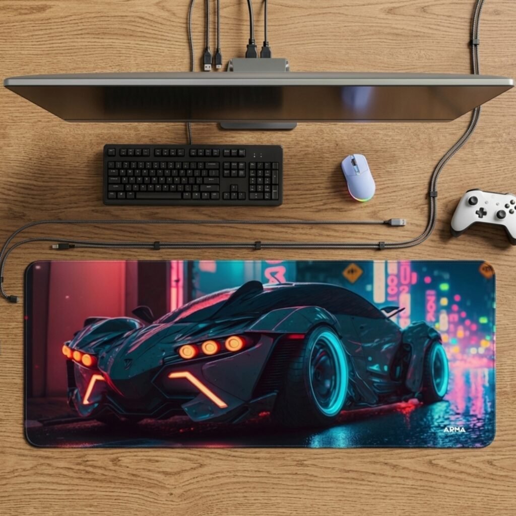 ARNA artificial intelligence designed racing car standing on a night street featuring glowing red neon headlights and vibrant blue custom wheel rims extended large desk mat.