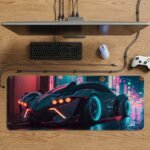 ARNA artificial intelligence designed racing car standing on a night street featuring glowing red neon headlights and vibrant blue custom wheel rims extended large desk mat.