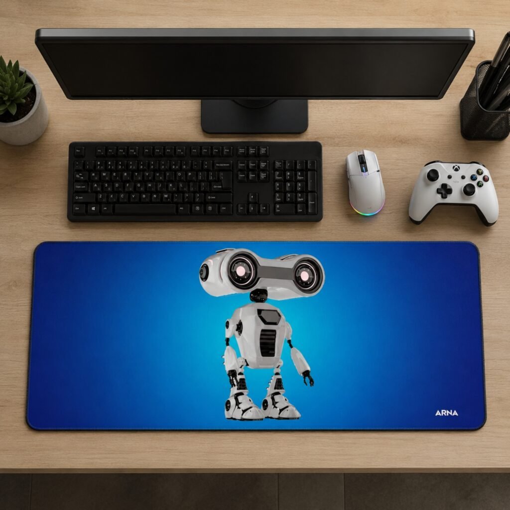 ARNA futuristic adorable cute AI companion robot character design extended large desk mat