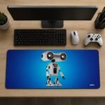 ARNA futuristic adorable cute AI companion robot character design extended large desk mat