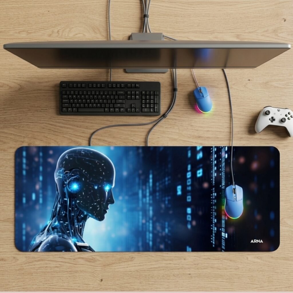 ARNA realistic portrait of a man transformed into a cybernetic AI with glowing blue eyes and floating matrix digital code extended large desk mat.