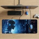 ARNA realistic portrait of a man transformed into a cybernetic AI with glowing blue eyes and floating matrix digital code extended large desk mat.
