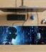 ARNA realistic portrait of a man transformed into a cybernetic AI with glowing blue eyes and floating matrix digital code extended large desk mat.