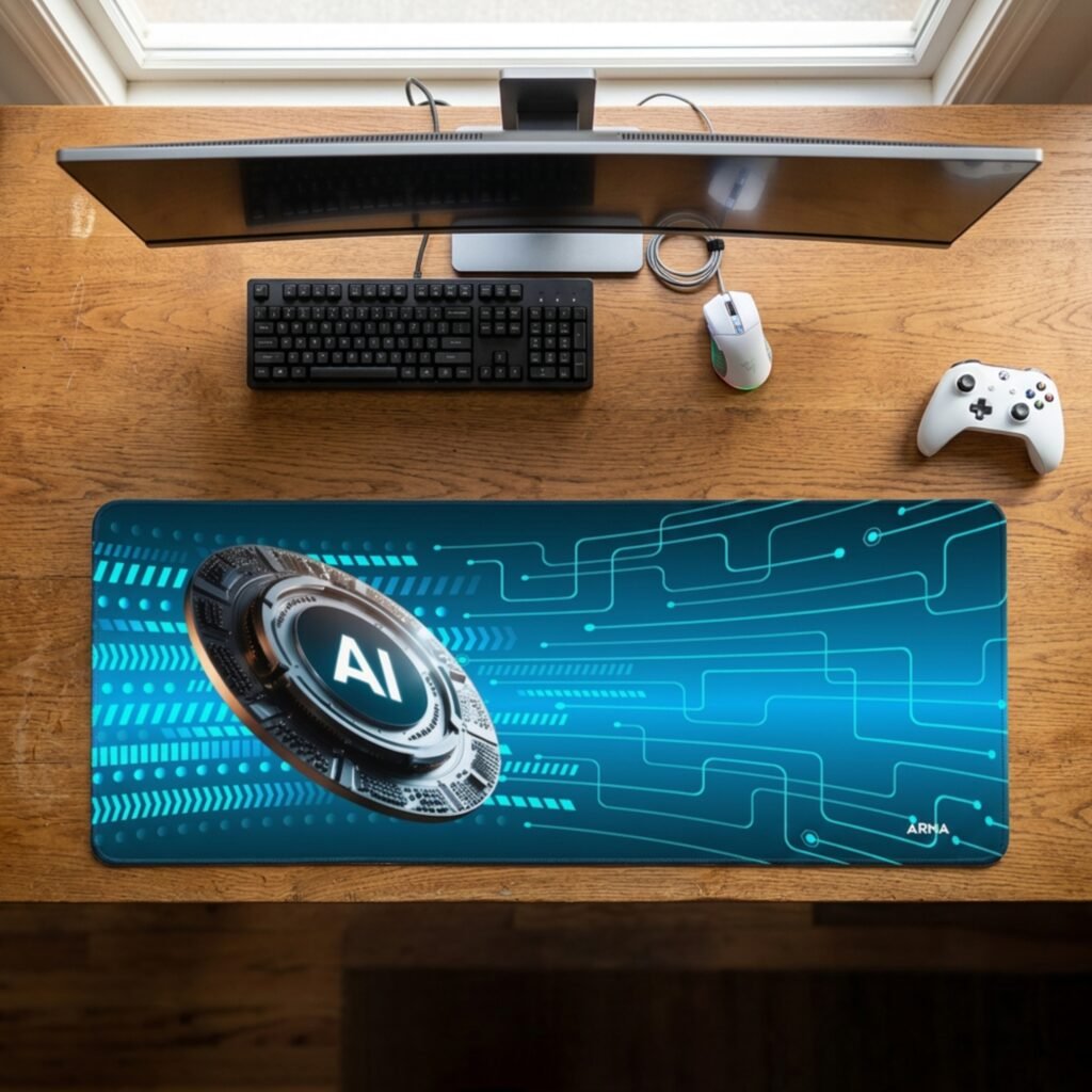 ARNA technological cyber network artificial intelligence symbol with digital circuit lining graphic extended large desk mat