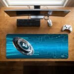 ARNA technological cyber network artificial intelligence symbol with digital circuit lining graphic extended large desk mat