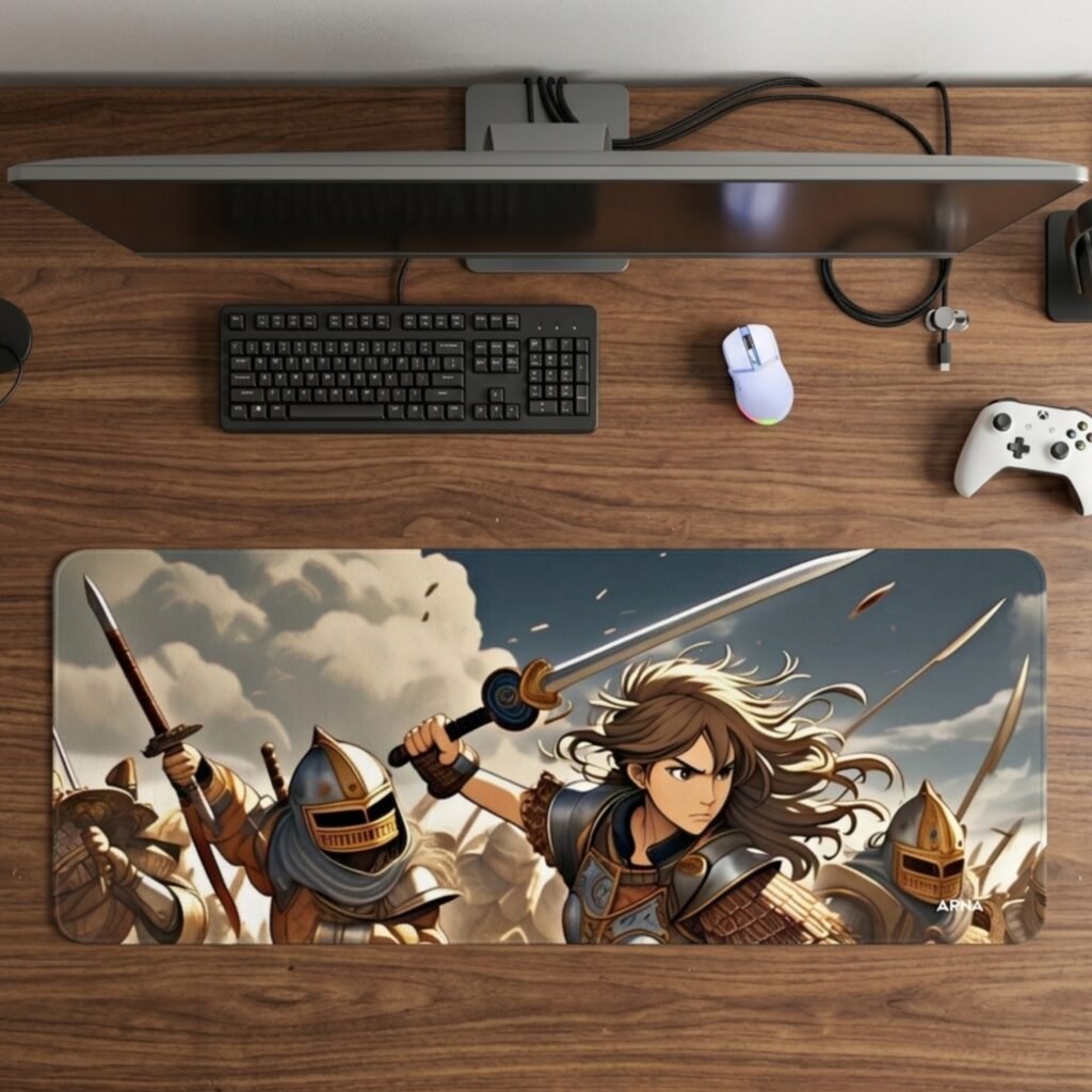 ARNA powerful action scene showing a strong anime girl warrior wielding a katana sword in an epic battlefield environment extended large desk mat.