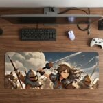 ARNA powerful action scene showing a strong anime girl warrior wielding a katana sword in an epic battlefield environment extended large desk mat.