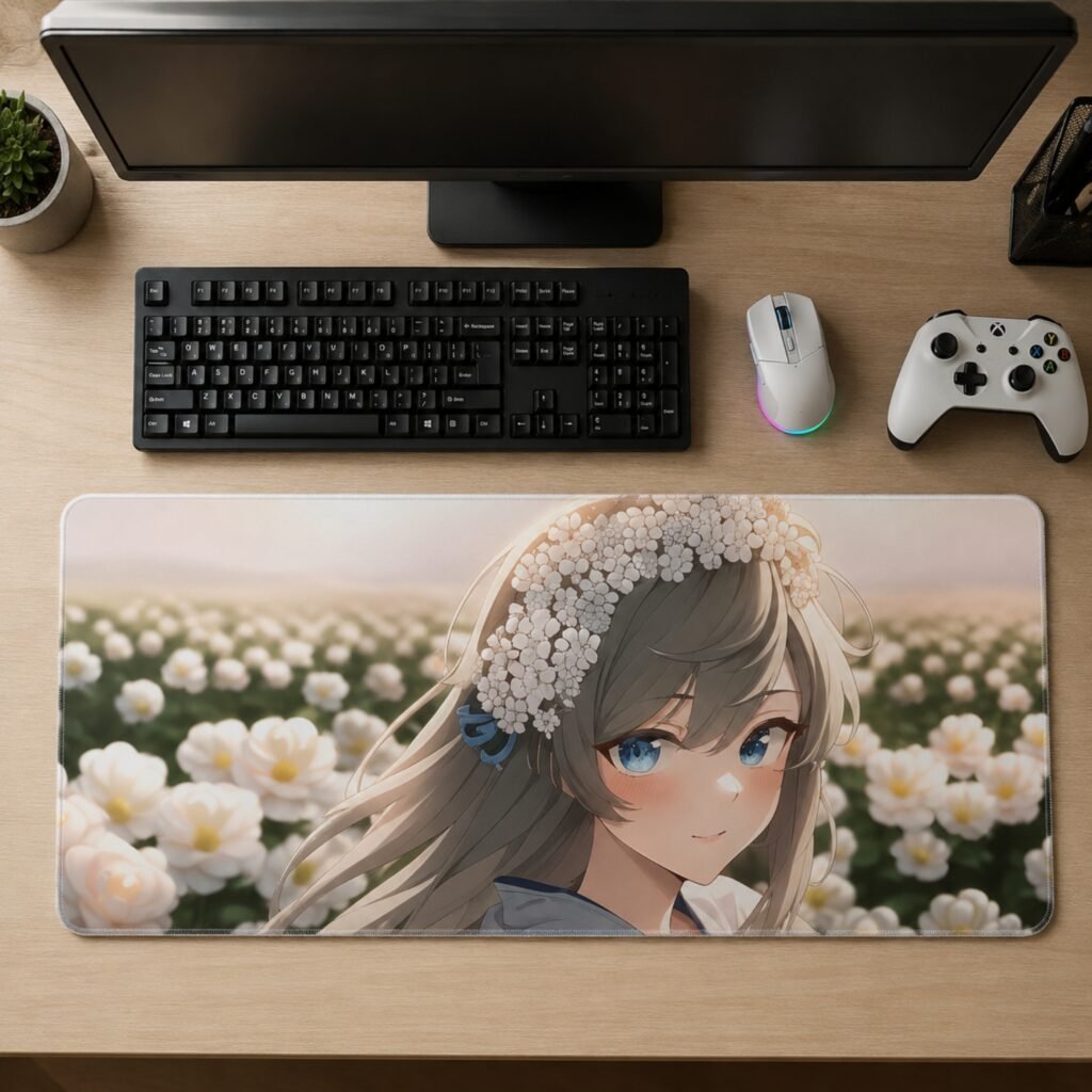 ARNA picturesque peaceful anime girl with a white flower woven in her hair standing in a vibrant endless blossom meadow farm extended large desk mat