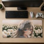 ARNA picturesque peaceful anime girl with a white flower woven in her hair standing in a vibrant endless blossom meadow farm extended large desk mat