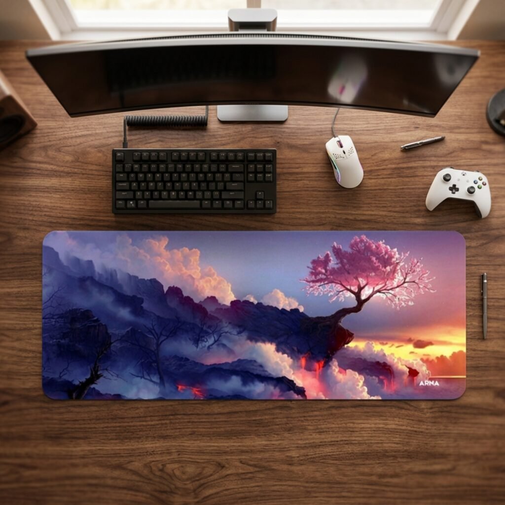 ARNA beautiful landscape anime scenery of a lonely tree on a mountain with passing clouds extended large desk mat