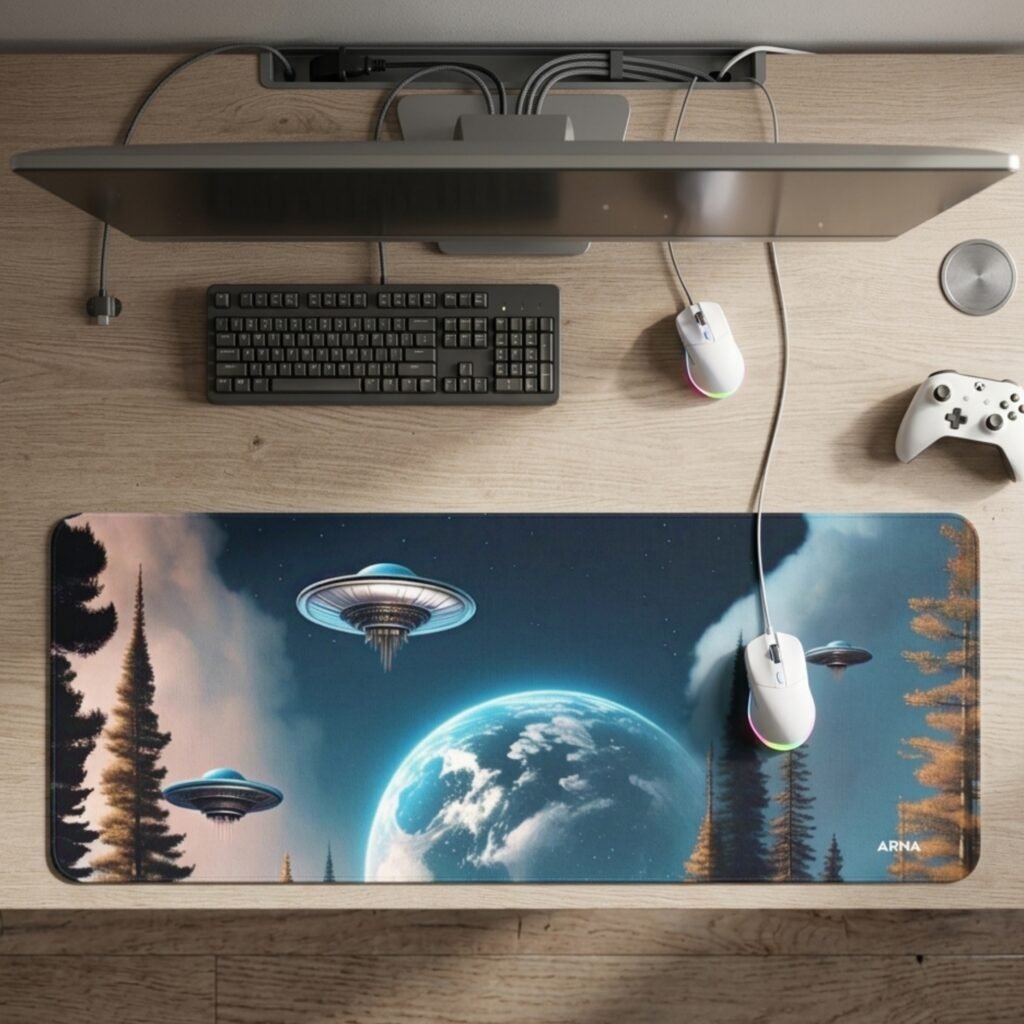 ARNA suspenseful sci fi cosmic anime illustration depicting a giant alien UFO spaceship arriving over Earth near a snowy pine christmas tree extended large desk mat
