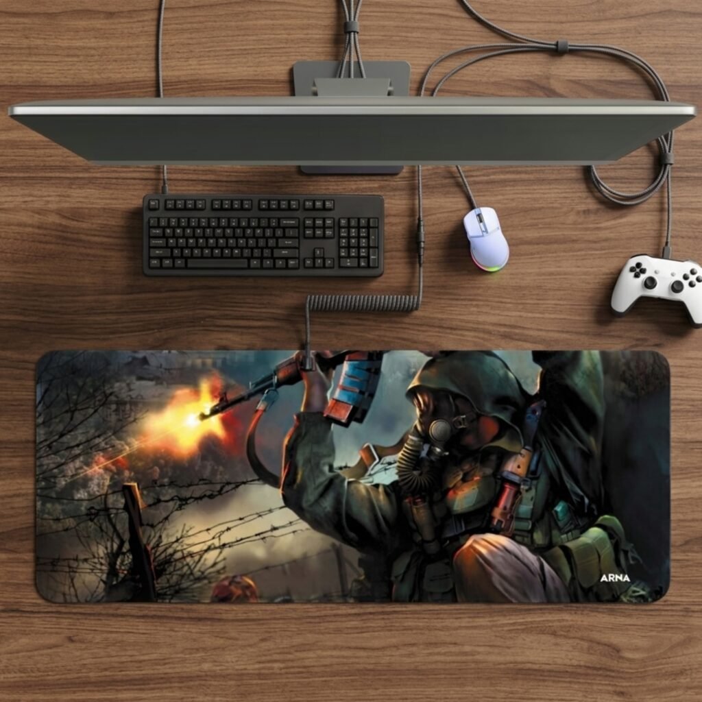ARNA military shooter artwork of an army commander soldier sitting in cover and firing a gun extended large desk mat.