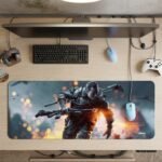 ARNA cinematic video game scene of a running soldier hero with guns during a massive battlefield explosion extended large desk mat.