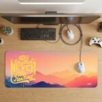 ARNA inspirational typography quote superimposed over an artistic anime mountain vista scenery extended large desk mat