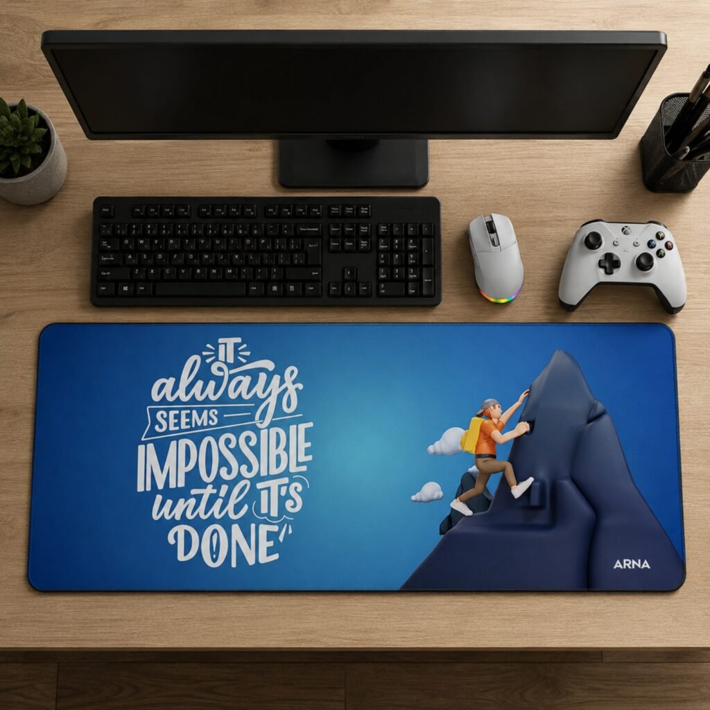 ARNA typography design featuring a powerful motivational quote extended large desk mat