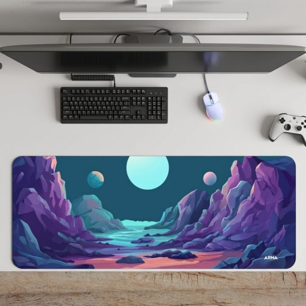 ARNA glowing neon vaporwave anime dreamscape showing distant mountains bounding a calm sea under a beautiful night sky with full moon extended large desk mat