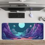 ARNA glowing neon vaporwave anime dreamscape showing distant mountains bounding a calm sea under a beautiful night sky with full moon extended large desk mat
