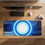 ARNA minimalist aesthetic glowing neon blue ring circle geometry graphic extended large desk mat