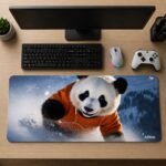 ARNA whimsical artwork of a cute panda bear wearing a bright orange tshirt walking on arctic glacier sheet ice extended large desk mat.