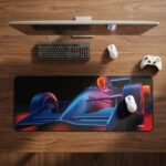 ARNA synthwave style racing sports car in glowing neon lights extended large desk mat