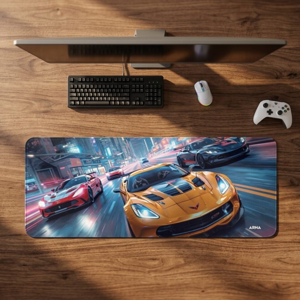ARNA powerful hyper sports racing car speed driving on a city street extended large desk mat