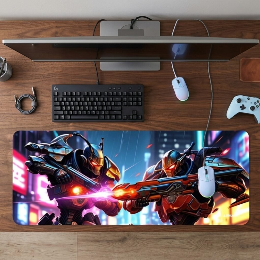 ARNA epic science fiction robot war duel between two massive steel mechanoids firing laser guns extended large desk mat.