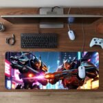 ARNA epic science fiction robot war duel between two massive steel mechanoids firing laser guns extended large desk mat.