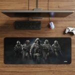 ARNA gaming art showcasing tactical special forces heroes wearing intense futuristic skull helmets against a monochrome gradient background extended large desk mat